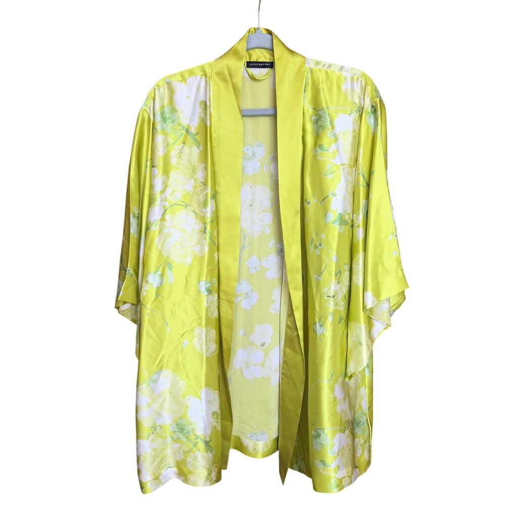 Josie natori 100% silk chartreuse green floral robe kimono no belt luxury small